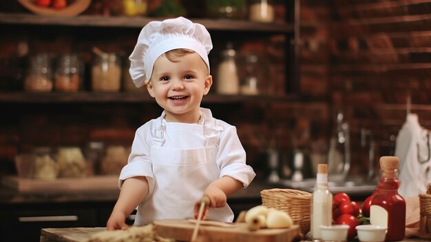 Leuke kinderen met een chef-kokhoed en schort in de keuken.