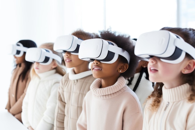 Leuke kinderen peuters die een virtuele realiteitsbril dragen gepassioneerd ondergedompeld in de virtuele realiteit witte achtergrond