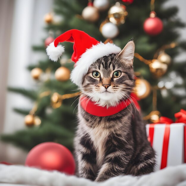 Leuke kitten in een rode kersthoed op de achtergrond van een kerstboom met geschenken