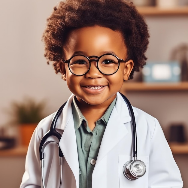 Leuke kleine Afrikaans-Amerikaanse jongen draagt medische uniform bril generatieve ai