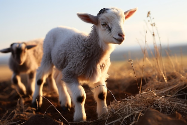 Leuke kleine baby geit in het veld.