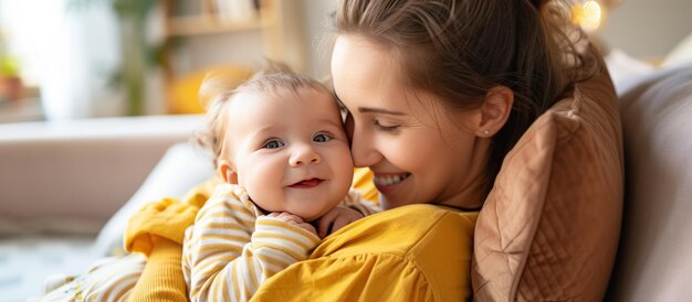 Leuke kleine baby in de armen van haar moeder in een woonkamer gelukkige jonge moeder kussen schattige baby