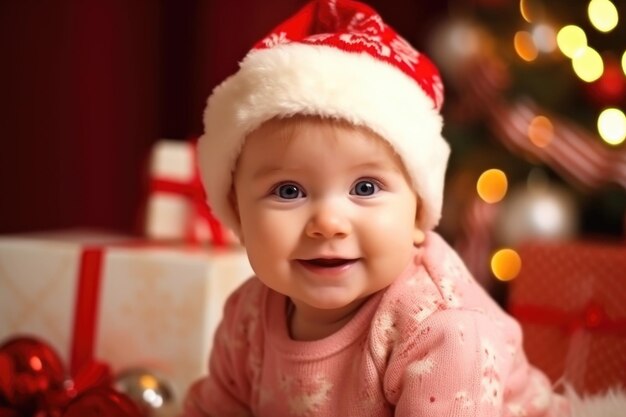 Leuke kleine baby met rode hoed voor kerstcadeau dozen