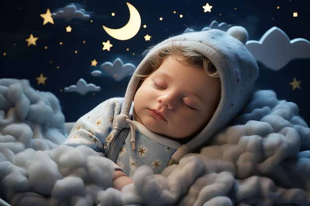 Leuke kleine baby slaapt zoet tussen blauwe zachte wolken achtergrond nacht maanlicht sterren