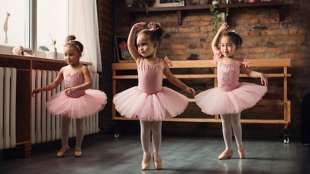 Leuke kleine ballerinas in roze balletkostuums kinderen in puntenschoenen dansen in de kamer