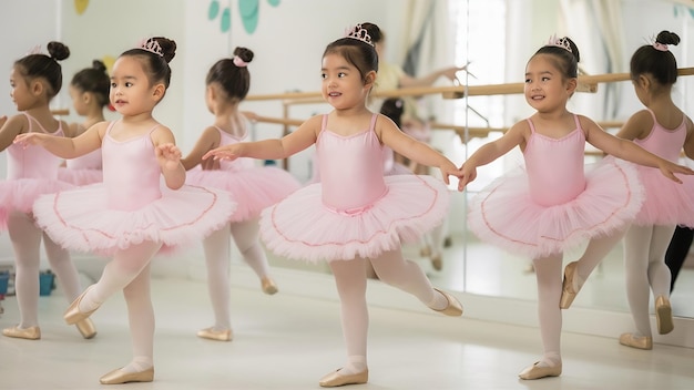 Leuke kleine ballerinas in roze balletkostuums kinderen in puntenschoenen dansen in de kamer