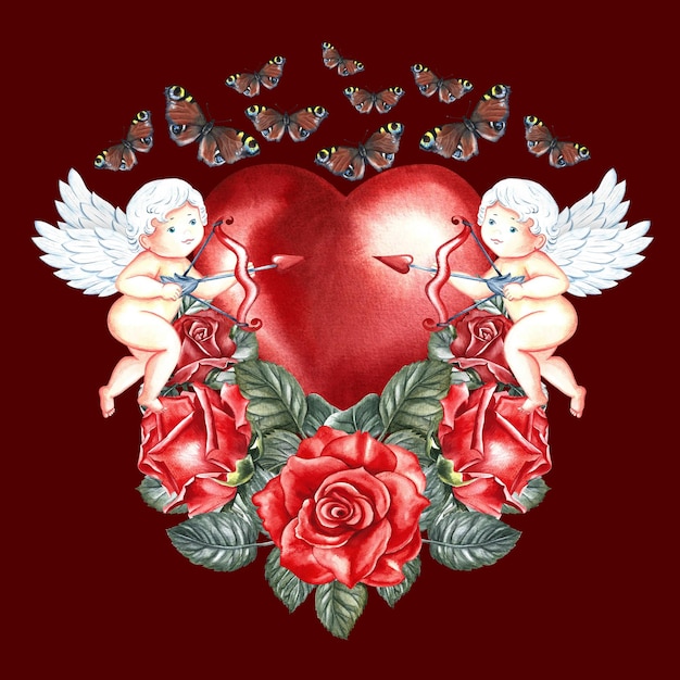 Leuke kleine Cupido's met een boog op een rood hart met rozen en vlinders waterverf illustratie