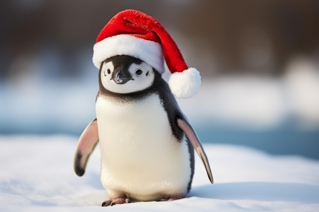 Leuke kleine feestelijke pinguïn met een vader kerstman hoed.