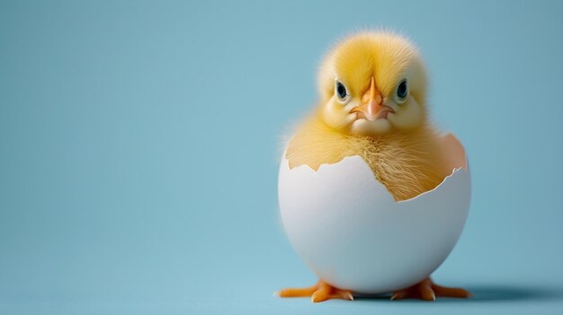 Leuke kleine gele kip in een eierschaal op een blauwe achtergrond