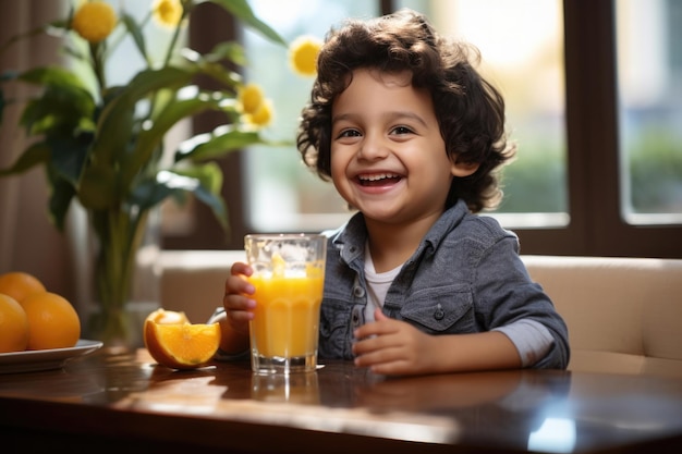 Leuke kleine gelukkige Indiase jongen of meisje drinkt fruit sap in een glas terwijl ze op een tafel zitten