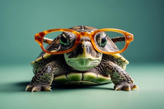 Foto leuke kleine groene schildpad met bril voor de achtergrond van de studio generatieve ai