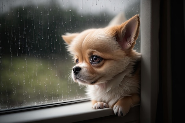 Leuke kleine hond keek uit het raam terwijl het regende ai generatieve