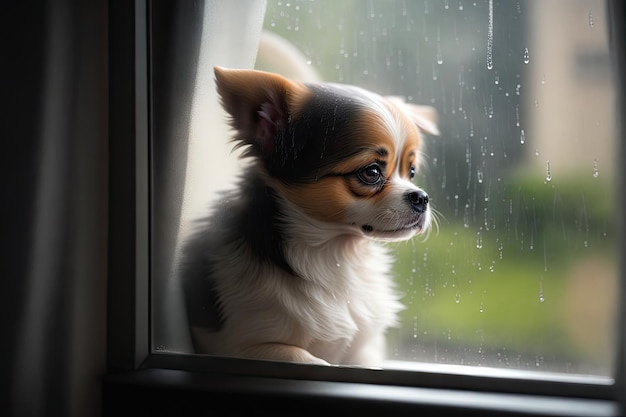Leuke kleine hond keek uit het raam terwijl het regende ai generatieve