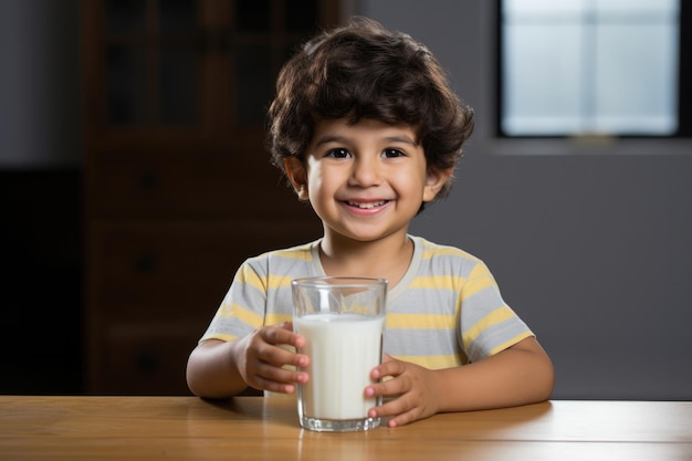 Leuke kleine Indiase jongen drinkt melk in een glas gelukkige uitdrukkingen