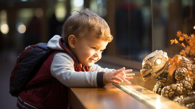 Leuke kleine jongen die naar een dinosaurus robot standbeeld kijkt