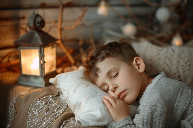 Leuke kleine jongen die op de zijkant op bed ligt en op een wit kussen slaapt Generatieve AI