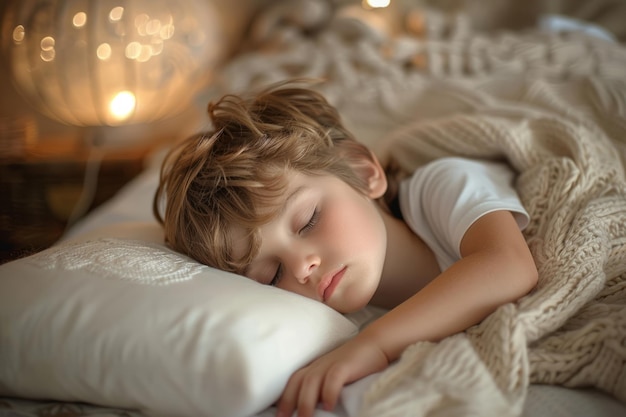 Leuke kleine jongen die op de zijkant op bed ligt en op een wit kussen slaapt Generatieve AI