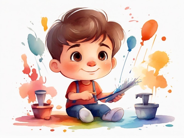 Leuke kleine jongen die speelt met aquarel vector cartoon illustratie