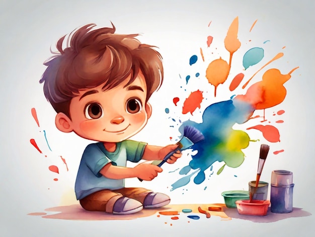 Leuke kleine jongen die speelt met aquarel vector cartoon illustratie