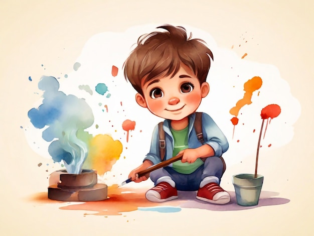 Leuke kleine jongen die speelt met aquarel vector cartoon illustratie