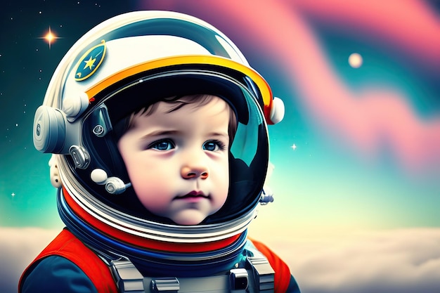 Leuke kleine jongen in ruimte helm Jongen in astronaut piloot helm digitale kunst