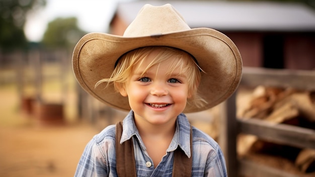 Foto leuke kleine jongen met een cowboyhoed op de achtergrond van een boerderij leven op de boerderij zuidelijke jongen