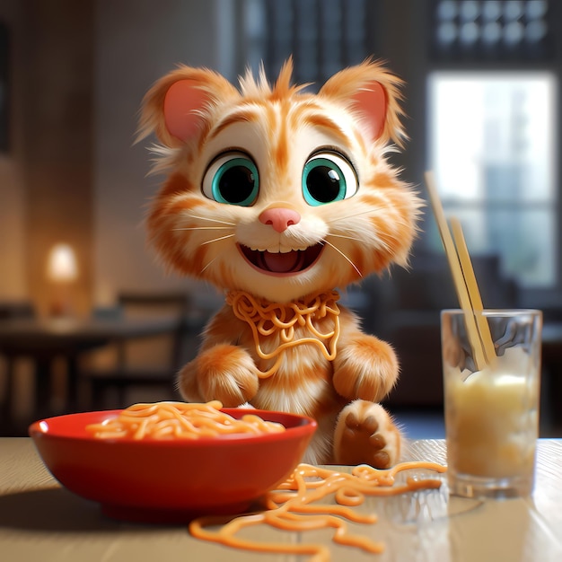 Leuke kleine kat die spaghetti eet en naar me zwaait en glimlacht