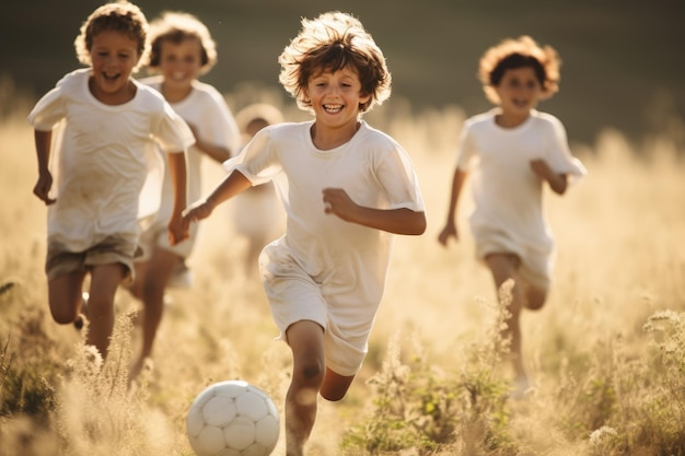 Leuke kleine kinderen die buiten voetballen gelukkig en glimlachend