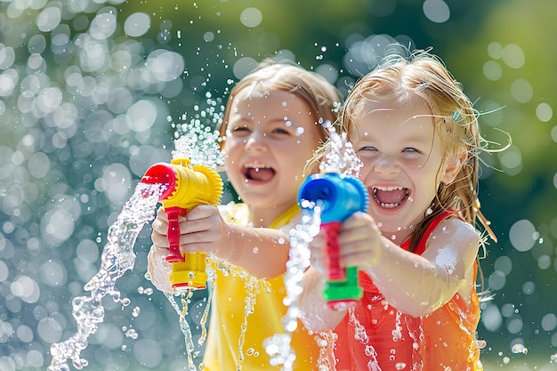 Foto leuke kleine kinderen die met waterpistolen spelen op een hete zomerdag met een grote ruimte en een zicht op het volle daglicht voor tekst- of productreclame generatieve ai