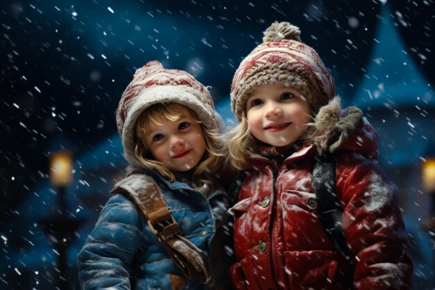Leuke kleine kinderen in winter outfit gefascineerd kijken naar sneeuwval Winter levensstijl eerste sneeuw