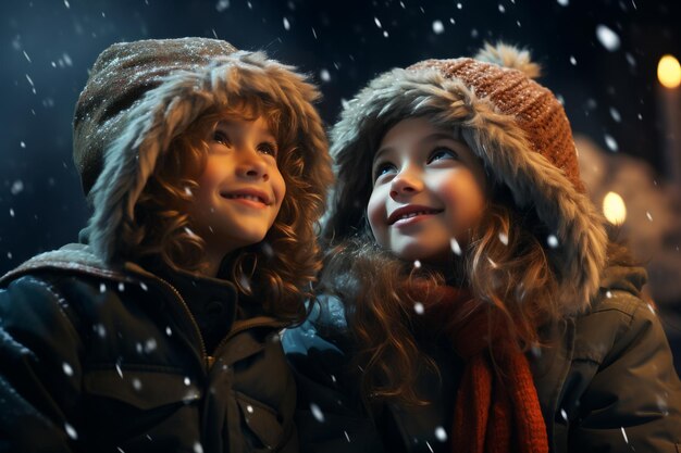 Leuke kleine kinderen in winter outfit gefascineerd kijken naar sneeuwval Winter levensstijl eerste sneeuw