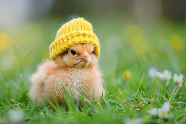 Leuke kleine kip in gele wol gebreide hoed op groen gras