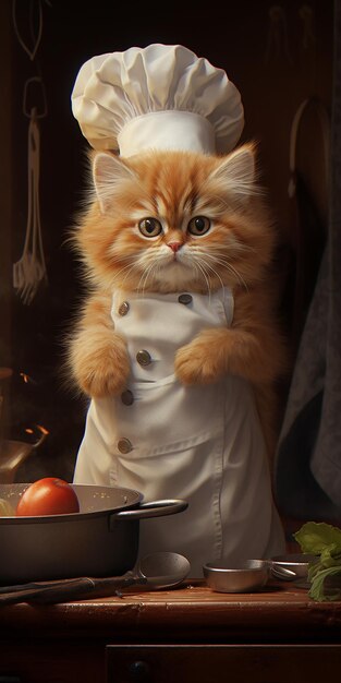 Foto leuke kleine kitten in een chef-kok hoed animatie illustratie