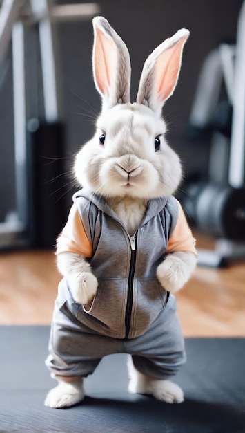 Foto leuke kleine konijntje met trainingskleding in de sportschool.