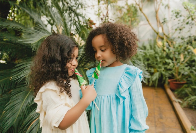 Leuke kleine meisjes die watermeloenvormige lolly eten Kind met lolly's in botanische tuin