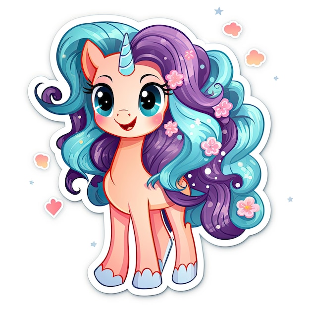 Leuke kleine pony cartoon sticker geïsoleerd op witte achtergrond Vector illustratie