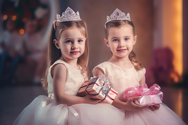 Leuke kleine prinsessen meisjes foto portret glimlach gezicht leuk mooi genereren Ai