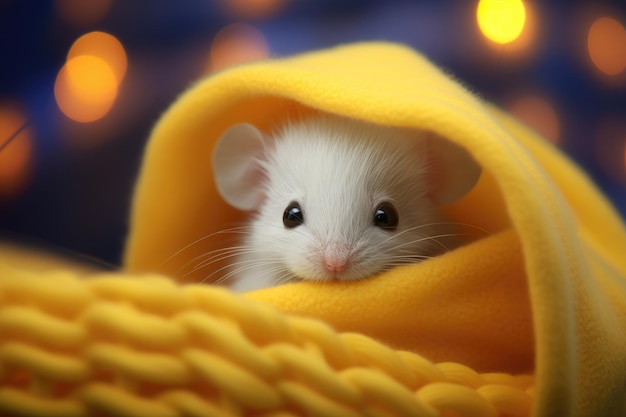 Leuke kleine rat gewikkeld in geel gebreide plaid Leuke grappige muis onder gebreide deken Huisdier