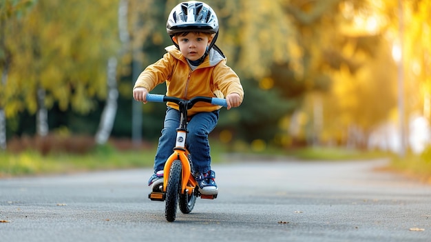 Foto leuke kleine schattige blanke peuter jongen in veiligheidshelm geniet van plezier rijden oefenfiets