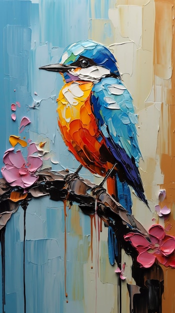 Leuke kleurrijke dikke Impasto vogel schilderij Generatieve AI