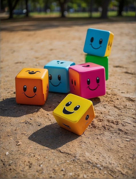 Leuke kleurrijke kubussen die op de grond springen en glimlachen terwijl hun armen en benen uit en naar beneden hangen.