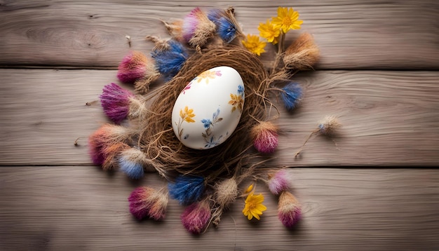 Leuke kleurrijke perfecte handgemaakte geschilderde witte paaseieren met gedroogde bloemen op een houten achtergrond