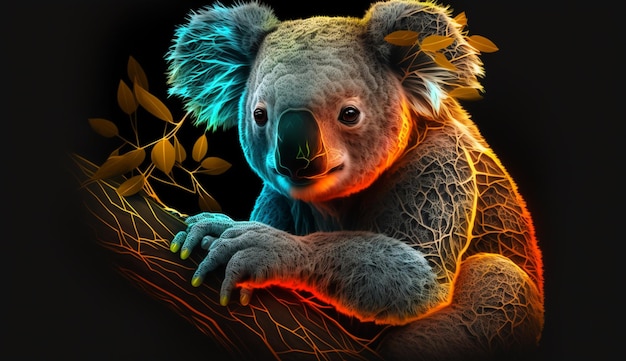 Leuke koala dierlijke neonlichten geleide bewegwijzering illustratie afbeelding AI gegenereerde kunst