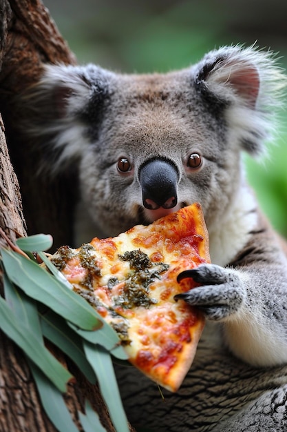 Leuke koala eet pizza op een boom.
