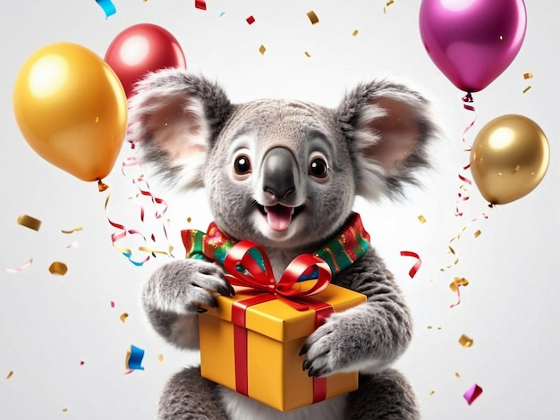 Leuke koala glimlacht op het feest met ballonnen geschenken en confetti geïsoleerd op een witte achtergrond