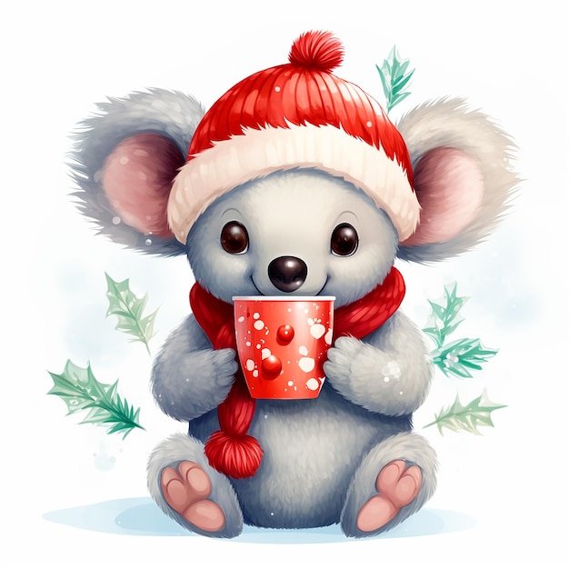 Leuke koala met een kop koffie die van Kerstmis geniet.