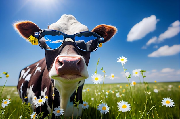 Foto leuke koe in zonnebril op de weide met madeliefjes generatieve ai