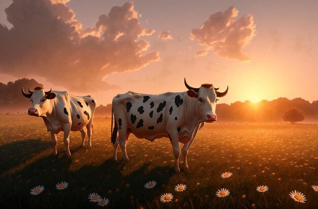 Leuke koe op groen gazon met madeliefjes bij zonsondergang Groot dier op wandeling op groen gras met wilde bloemen chamomiles