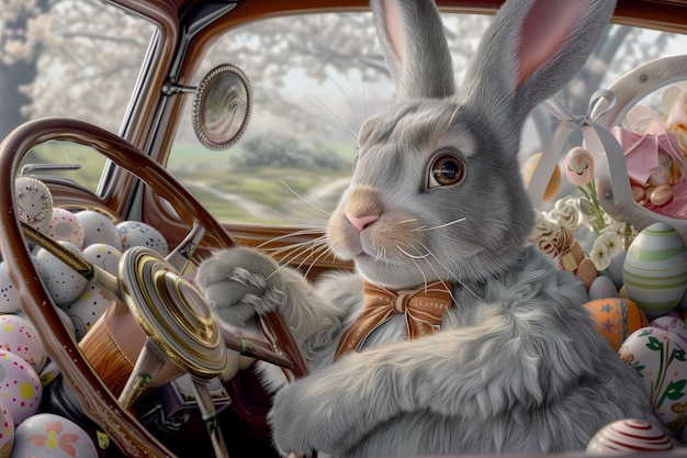 Leuke konijn die een vintage auto rijdt vol met paaseieren konijn paas cartoon personage illustratie