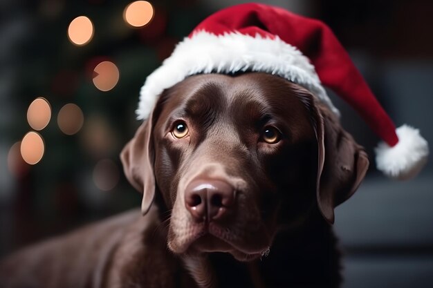 Leuke labrador hond in rode kerstmuts van de kerstman